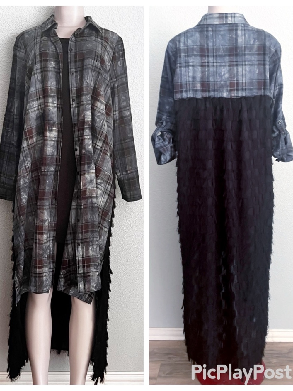 Plaid Linen Fringed Tab Sleeve Jacket Hi/Lo Lagenlook Western Boho L/XL - Picture 3 of 10